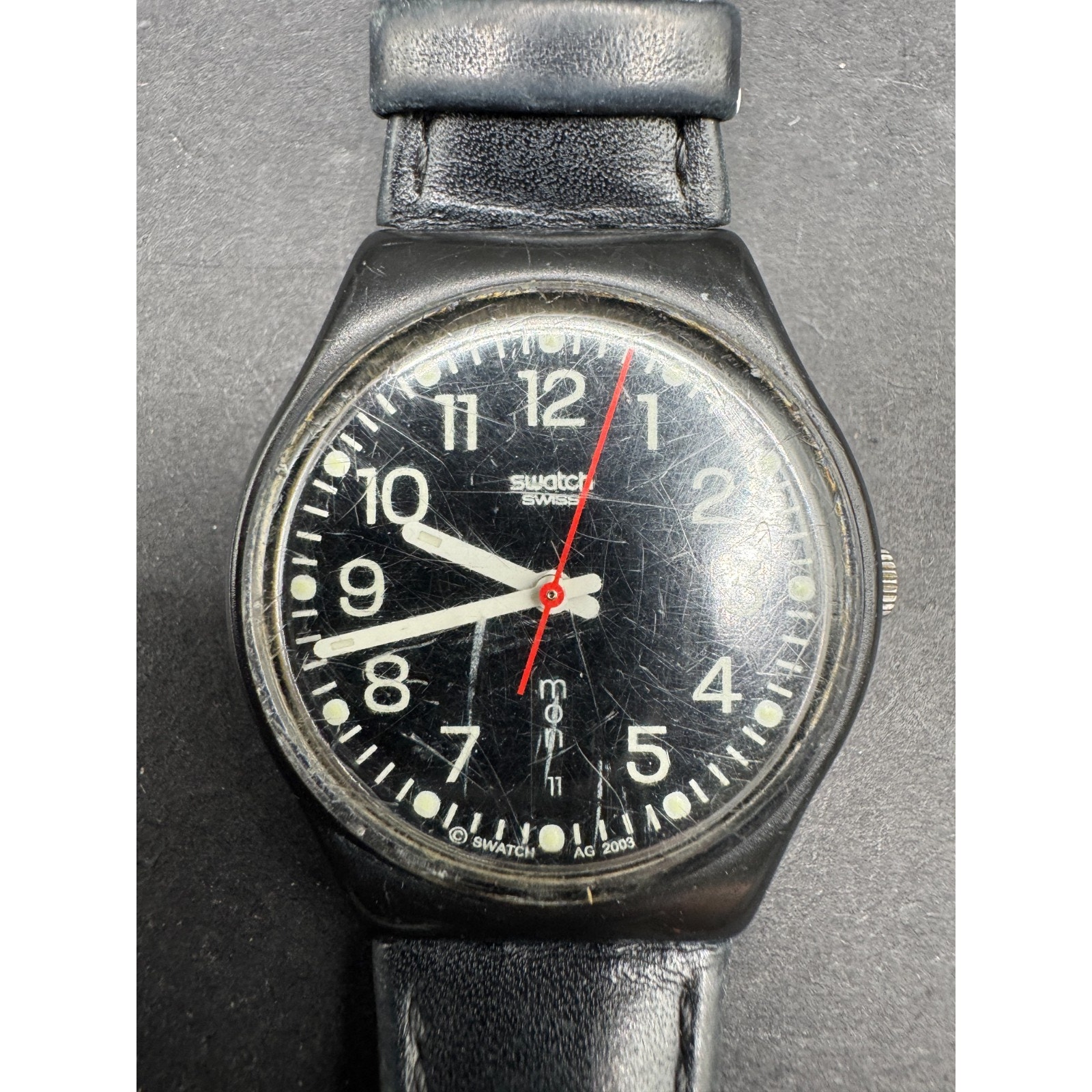 Swatch Red Sunday Watch Men 34mm Black Dial Black Daydate Round Leather Band